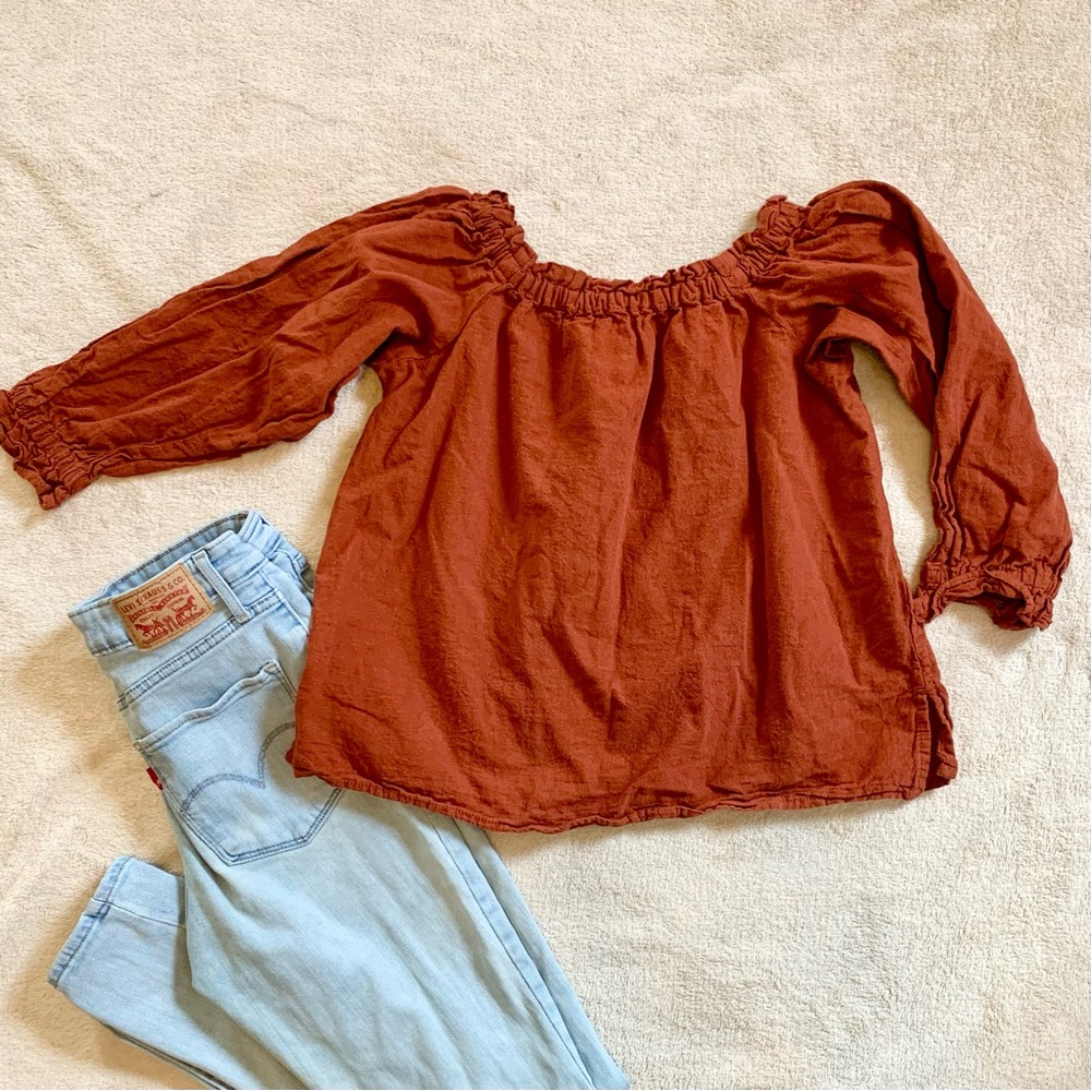Rust coloured top, Joe Fresh, ruffle, off the shoulder